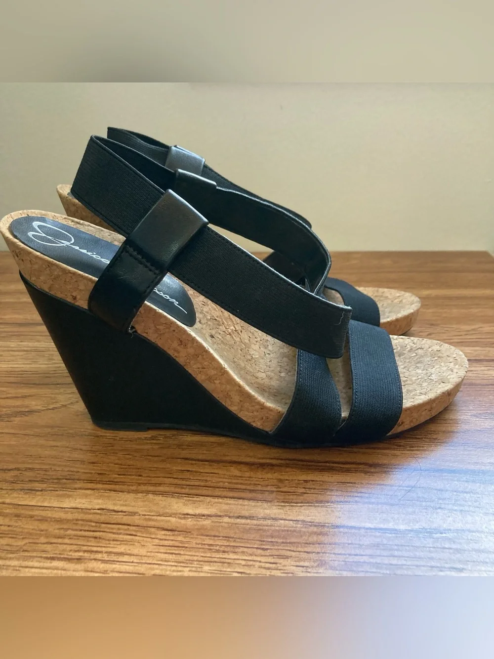 Jessica Simpson Black Elastic-Strap Wedge Sandals 8M